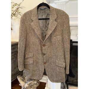 Vintage POLO Ralph Lauren Men’s Tweed Wool Jacket Suede Patch Throat Latch 42 44